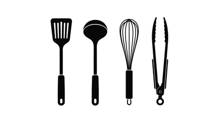 Fototapeta premium Set of kitchen utensils including spatula ladle whisk and tongs isolated on white vector