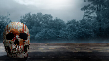 Human skull head with blood dripping down its surface on the wooden table. The human skull, devil,...