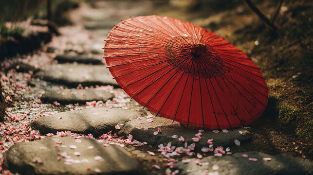 石畳に佇む赤い和傘と桜の花びら｜日本の伝統美と春の風情