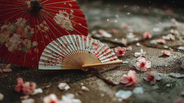 舞い散る桜と和傘・扇子の美しい情景｜日本の伝統美を感じる和風アート