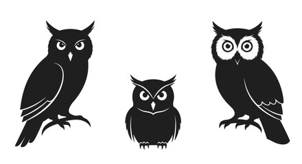Three silhouetted owls perched and facing forward against a clean white backdrop for diverse design applications vector