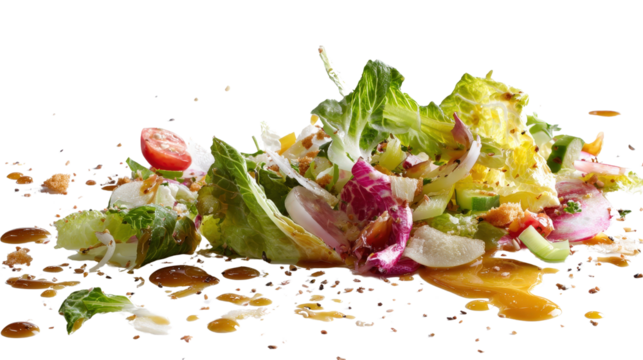 Food waste with leftover salad and dressing background isolated on a Transparent background, PNG file.