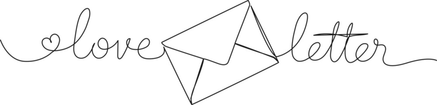 continuous single line drawing of handwritten words LOVE LETTER and envelope, line art vector illustration