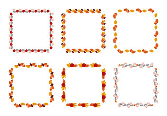 Autumn square frame set. Oak and maple leaves, apples and acorn with rowan berry branch. Wreathes on transparent background.