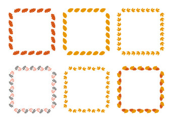 Autumn square frame set. Oak and maple leaves and rowan berry branch. Wreathes on transparent background.