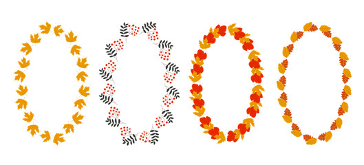 Autumn oval frame set. Oak and maple leaves and rowan berry branch. Wreathes on transparent background.