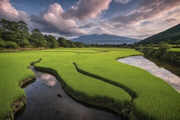 Obraz premium An einem ruhigen Fluss mit blühenden Kirschbäumen und dem Mount Fuji im Sonnenuntergang, Japan