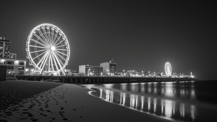 Obraz premium Stunning night view of waterfront with illuminated ferris wheels reflecting on calm water, creating serene atmosphere