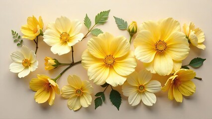 Naklejka premium A Delicate Arrangement of Pastel Yellow Blossoms on a Soft Beige Background