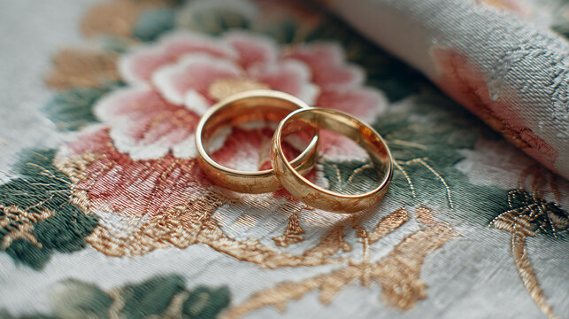 花柄の着物帯に寄り添う金の結婚指輪