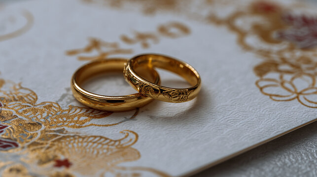 和柄の婚礼台紙に置かれた金色の結婚指輪」