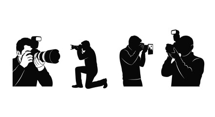 Diverse photographers capturing moments with cameras silhouettes set professional photography action vector