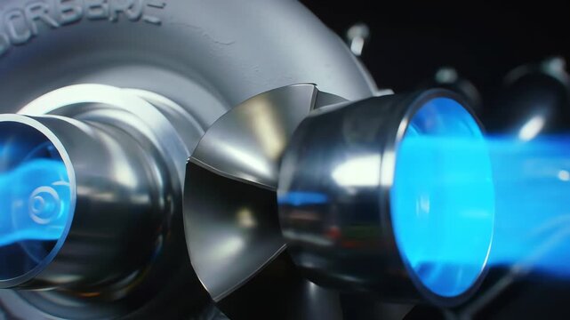 turbocharger blades spinning at blinding speed, air compressing into glowing blue streams
