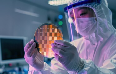 a professional in protective gear holding a silicon wafer. Suitable for tech industry materials, semiconductor research content, and electronics manufacturing promotions.