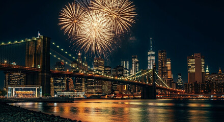 Golden fireworks explode over the illuminated New York City skyline and Brooklyn Bridge a perfect iconic scene for a spectacular urban New Year's Eve celebration