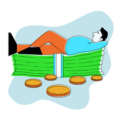 Modern Lineart Man Relaxing on Stack of Money Illustration Asset