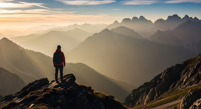 Lone hiker silhouetted on ridge with layered golden hour mountains