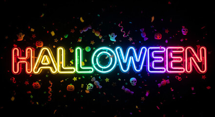 Vibrant neon Halloween sign illuminates a festive scene with colorful confetti and spooky treats, perfect for celebrating the holiday