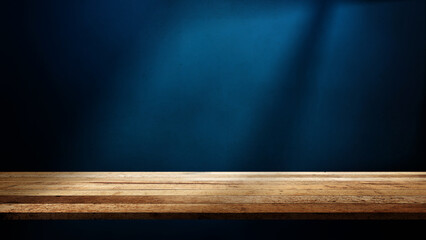 Rustic wooden table or shelf for product display with blue wall background. Product presentation, mockup, copy space, and template