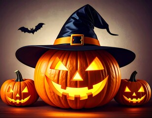 Halloween pumpkins with witch hat