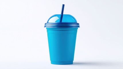 Bright Blue Plastic Cup with Dome Lid and Straw for Cold Drinks