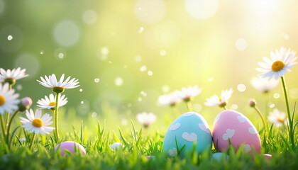 Fototapeta premium Colorful Easter eggs resting on grass with daisies in spring sunlight 