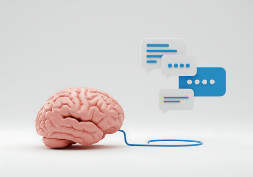 A human brain connected by a blue cable to digital chat bubbles, symbolizing communication and technology. - Powered by Adobe
