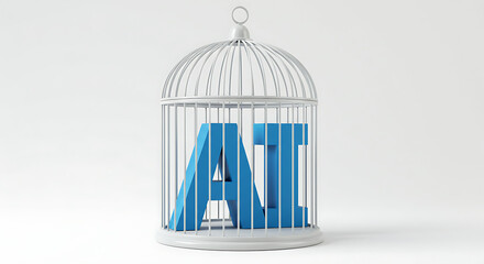 Blue "AI" letters are caged within a white birdcage, symbolizing the concept of artificial intelligence being restricted or contained.