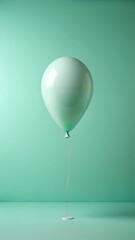 A single, shiny mint green balloon floats suspended by a thin string against a solid, soft aqua green background in a minimalist studio setting