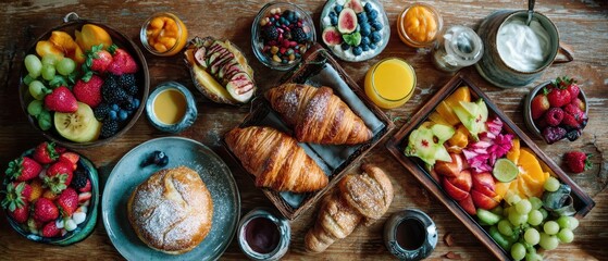 Luxurious breakfast spread croissants, fruit, yogurt, juice. Wooden table, overhead view.  Food blog use