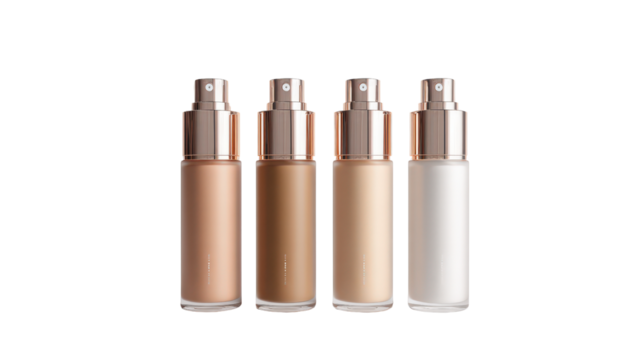 Foundation pump bottles with modern packaging design lined up on white isolated on a Transparent background, PNG file.