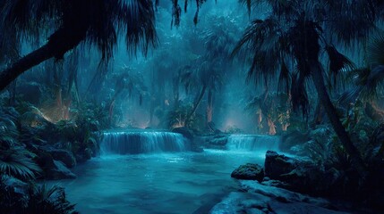 Lush tropical river at night in a misty jungle.