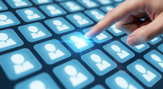 Closeup of a finger selecting a glowing user profile icon from a digital grid of people icons, representing selection, networking, and human resources