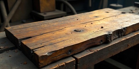 Rustic Wooden Plank Resting on a Weathered Workbench, Showing Signs of Age and Use, Ideal for Rustic Backgrounds or Textures