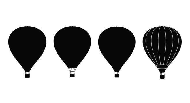 Four black hot air balloons ascending with variety of silhouettes and textures displayed prominently vector