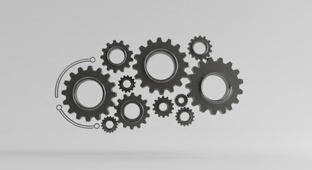 Interlocking dark metal gears of various sizes arranged in a dynamic cluster on a clean white background symbolizing connection and teamwork