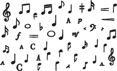 Collection of hand drawn music notes, clefs, rests, and symbols in sketch style. Perfect for creative music themed designs and decorations