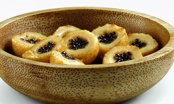 Slices of golden fruit in a wooden bowl