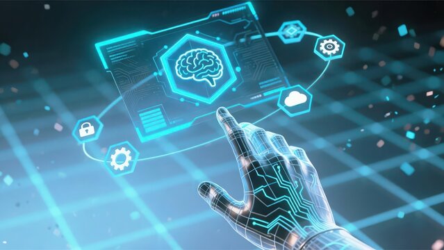 The metallic wireframe human hand reaching to holographic ai interface with blockchain and quantum icons, futuristic theme linked to industrial predictive maintenance