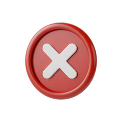 Fototapeta premium Red circular button with white cross icon for errors transparent background Png