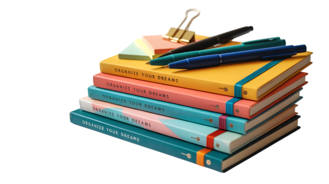 Stack of colorful notebooks with pens and binder clip transparent background Png