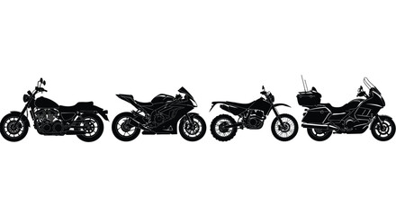Naklejka premium Diverse motorcycle collection silhouettes featuring cruisers sport bikes dirt bikes and touring models vector