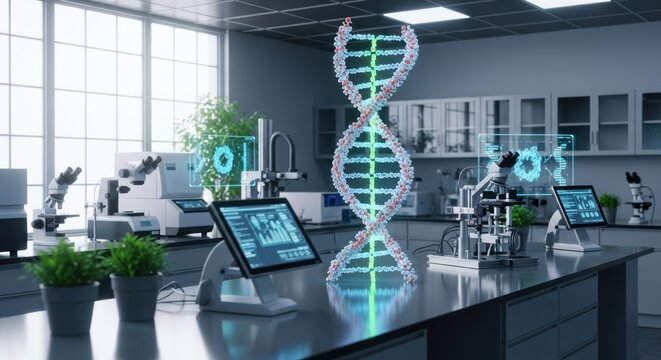 DNA helix hologram in bright research lab with microscopes and tech displays