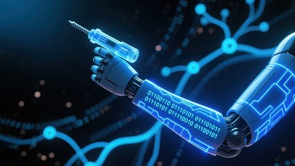 The humanoid arm holding glowing screwdriver in digital matrix space, symbolizing futuristic engineering and industrial predictive maintenance advances