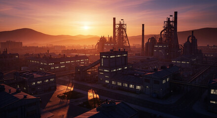 Naklejka premium Stunning industrial complex bathed in warm golden sunset light, showcasing a vast manufacturing landscape with towering structures and illuminated buildings.