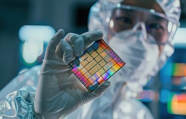 a professional in a cleanroom suit holding a multicolored microchip. Ideal for tech industry ads, semiconductor research content, and electronics innovation themes.