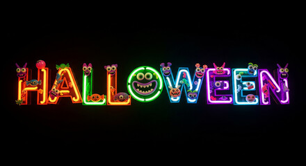 Brightly lit 'Halloween' text, creatively formed by colorful neon tubes shaped into playful and slightly spooky monster characters, casting a festive glow against a dark background