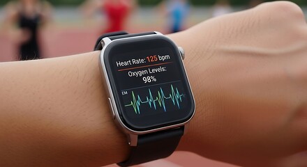 Advanced wearable technology for comprehensive health monitoring and fitness tracking during active lifestyles, displaying vital signs like heart rate and oxygen levels