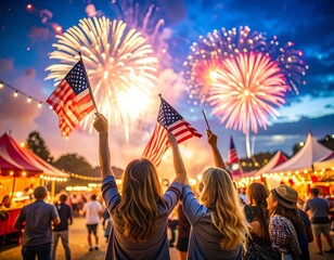 Obraz premium People celebrating with American flags and fireworks (1)