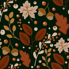 Autum Winter Pattern Background Illustration For Cover, Banner, Notes. Fall Winter Aesthetic Background.  Plant And Flower Pattern Background.